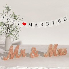 Rose Gold Wooden Mr & Mrs Signs & Just Married Banner Wedding Decorations