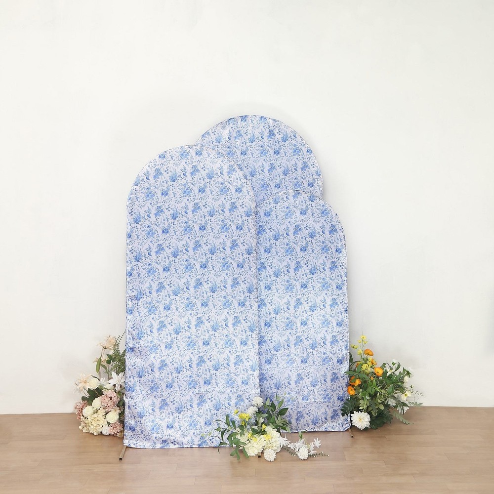 3 WHITE BLUE Chinoiserie Floral Satin Round Top Backdrop STAND COVERS Set Party