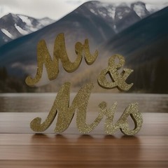 3 Pc Mr & Mrs Tabletop Wedding Decoration Wood Freestanding Letters Gold Glitter