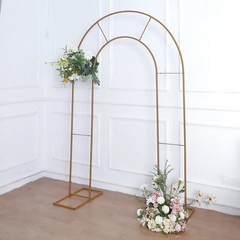 Gold 8 ft Metal Floral Display Frame Round Top Double Arch BACKDROP STAND Party