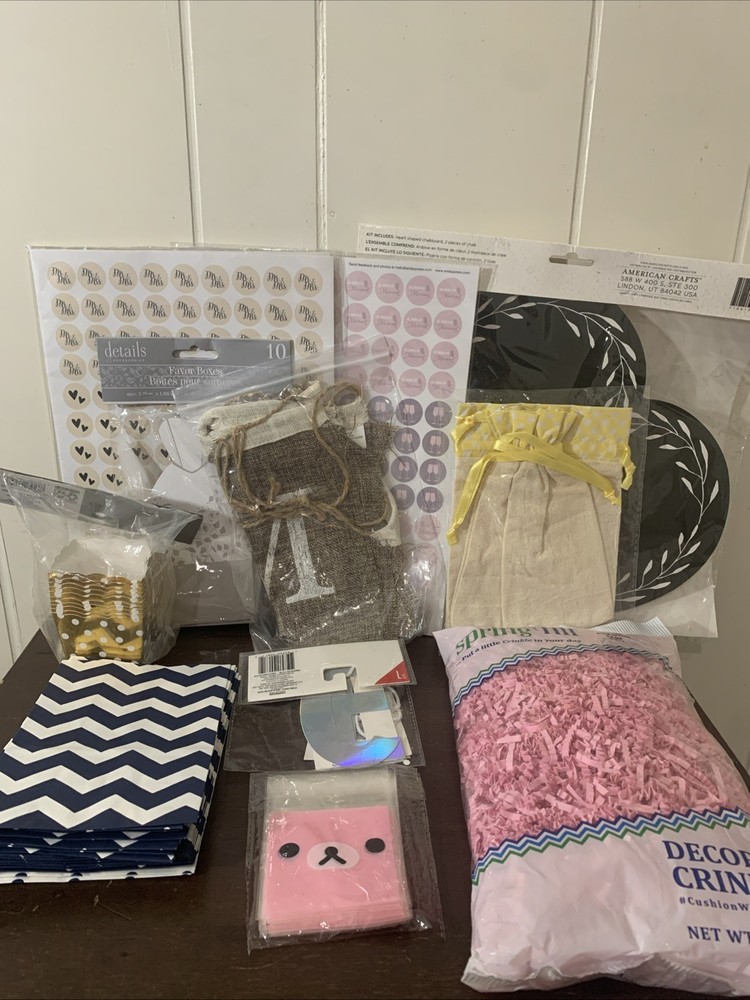 Mixed Lot Wedding Decorations Stickers, Crinkle, Banners, Gift Bags And Cups
