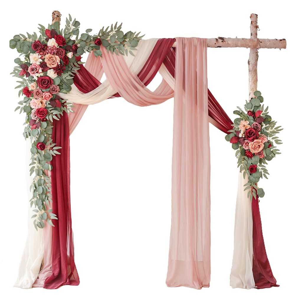 Red Wedding Arch with Drapes 2 Flowers + 3 Valance