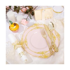 YOUBET 700PCS Pink Plastic Plates – Pink and Gold Plates – Luxury Pinks Plast…