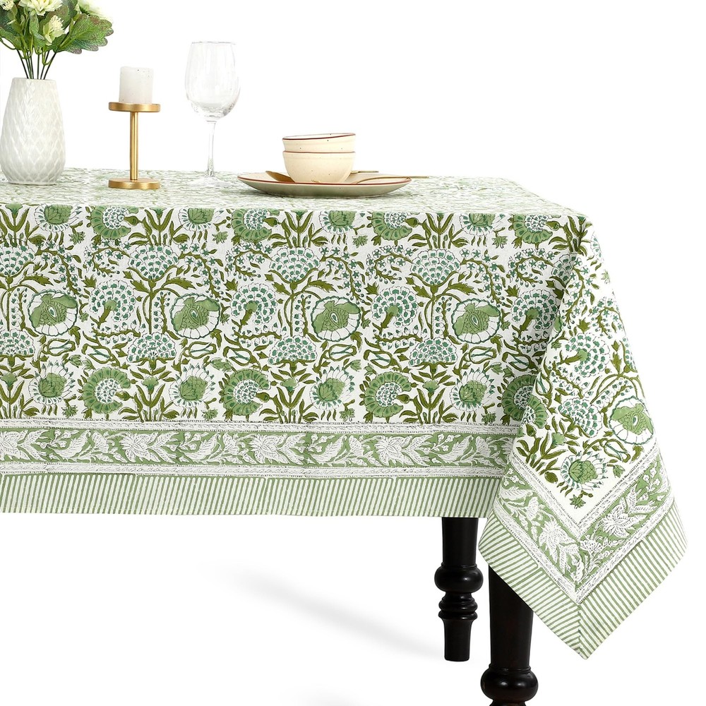 CPC Block Print Tablecloth Agate Green 90″x60″ Rectangular 100% Cotton Reusab…