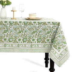 CPC Block Print Tablecloth Agate Green 90″x60″ Rectangular 100% Cotton Reusab…