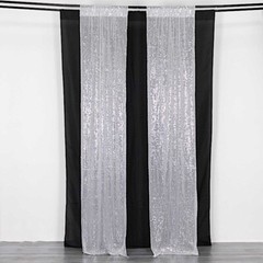 2 SILVER 8ft x 2ft Sequined Backdrop Curtain with Rod Pockets Wedding