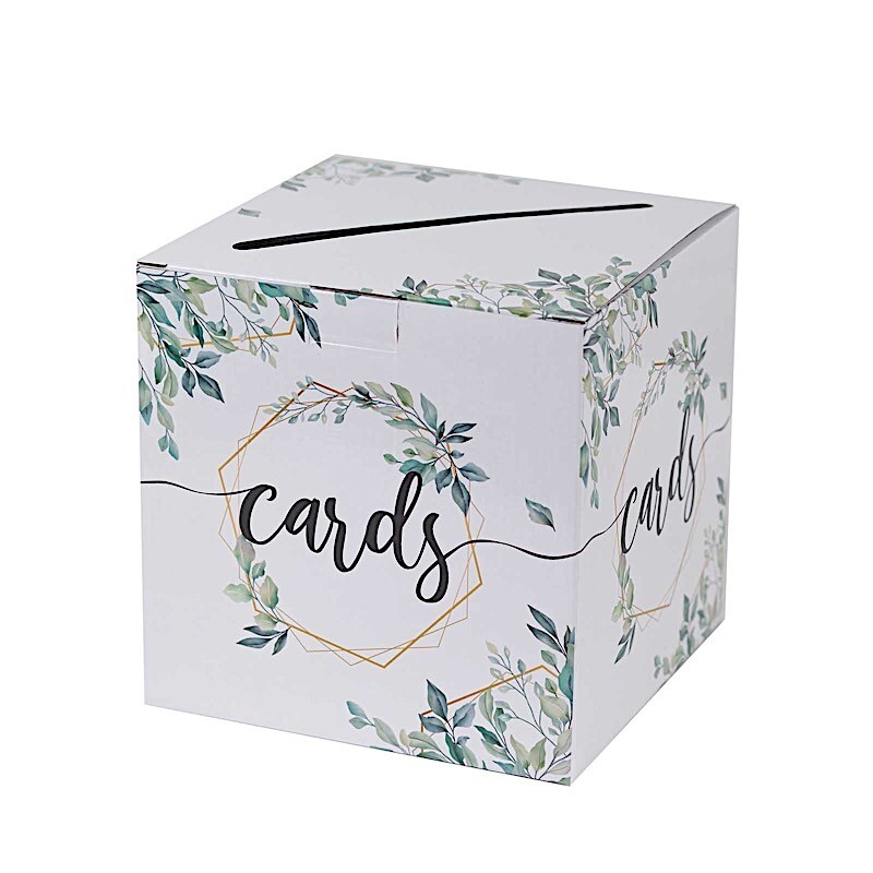 8″ x 8″ White Gold Greenery Theme Money Card Box Geometric Foil Print Events