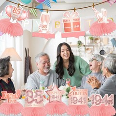 Happy 85th Birthday Rose Gold Table Honeycomb Centerpieces Balloons Theme Dec…