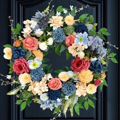 22 inch Spring Artificial Flowers Spring Summer Yellow Blue Rose Wreath