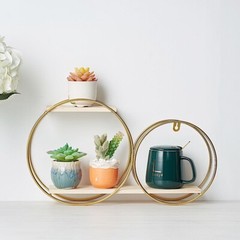 GOLD NATURAL 2 Tier Round Metal Wood Geometric Floating Shelf Events Decorations
