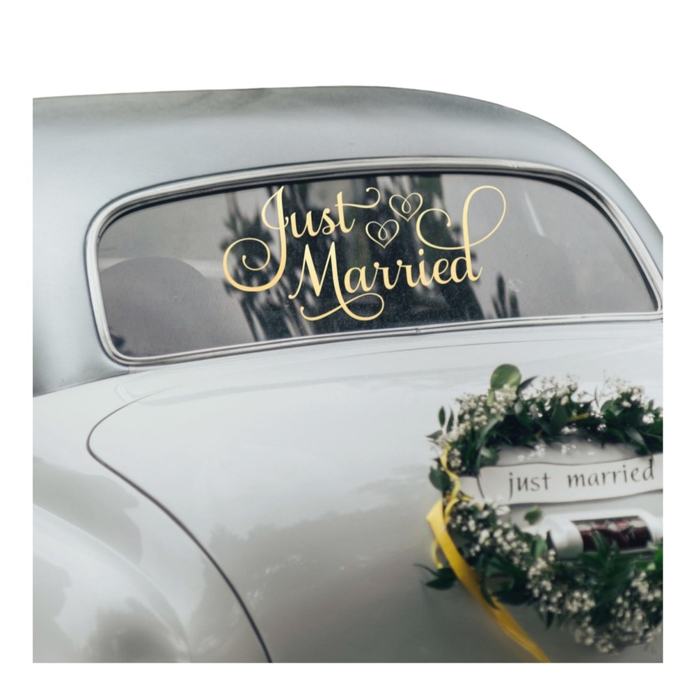 Just Married Car Decor, Window 24″W x 12″H, Metallic Gold