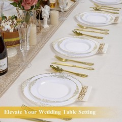 Goodluck 100PCS White and Gold Plastic Plates – 10.25” Heavy Duty Di
