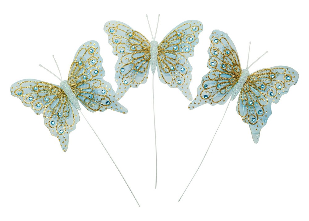 12PC 4″ Blue + Gold Glitter Feather Butterflies Craft DIY Wedding Cake Topper