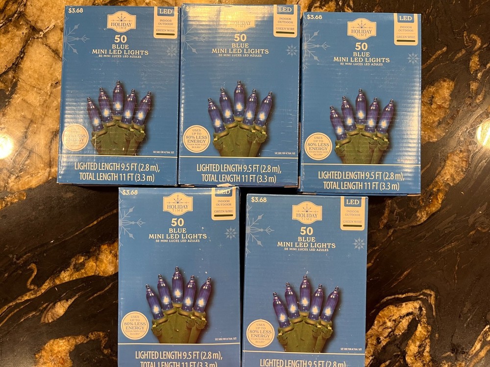 Holiday Time 50 LED Blue Mini Lights. Save Energy Green Wire. Lot of 5