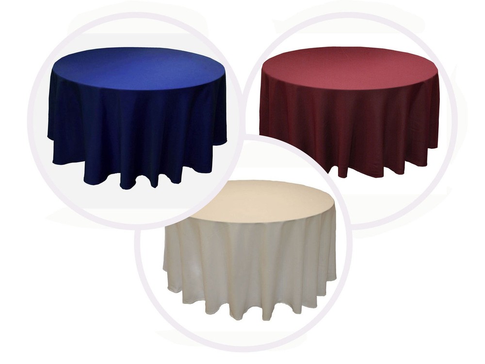 10 Lot 108″ inch ROUND Tablecloth LOT 100% Polyester Overlay 7 COLORS USA *SALE*