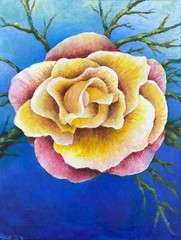 Floral art print,rose,original artwork signed,Rosemary Sandberg,blue,yellow