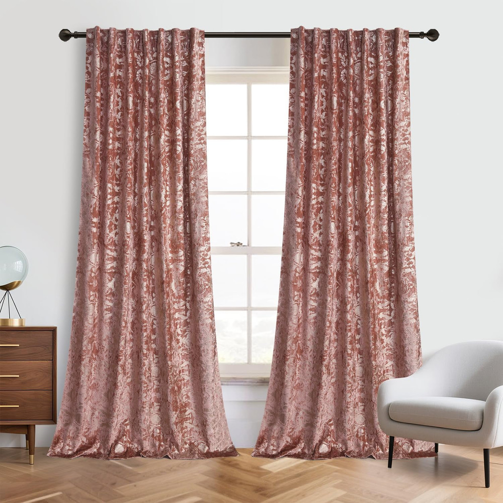 Blush Pink Velvet Curtains with Gold Foil Print, Room Darkening, 2 Panels
