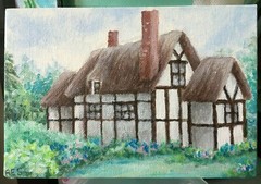 English Cottage,Cotswolds,shabby chic,garden,floral,original art print,fairytale