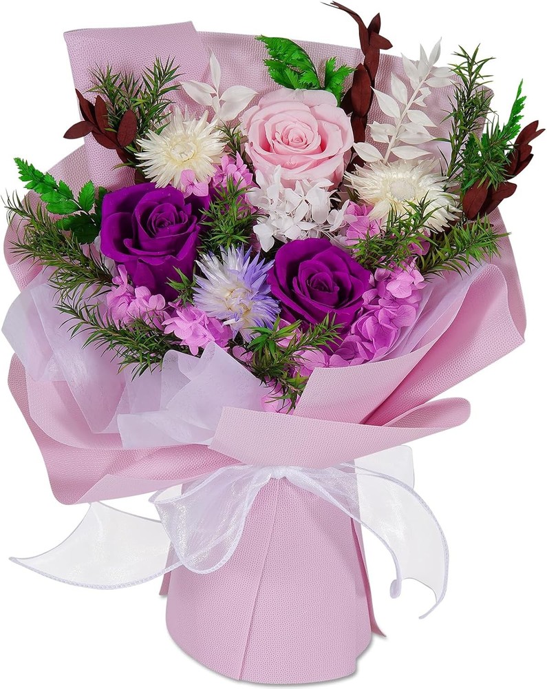 Preserved Real Roses Bouquet – Mixed Color Eternal Roses with Dried