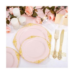 YOUBET 700PCS Pink Plastic Plates – Pink and Gold Plates – Luxury Pinks Plast…
