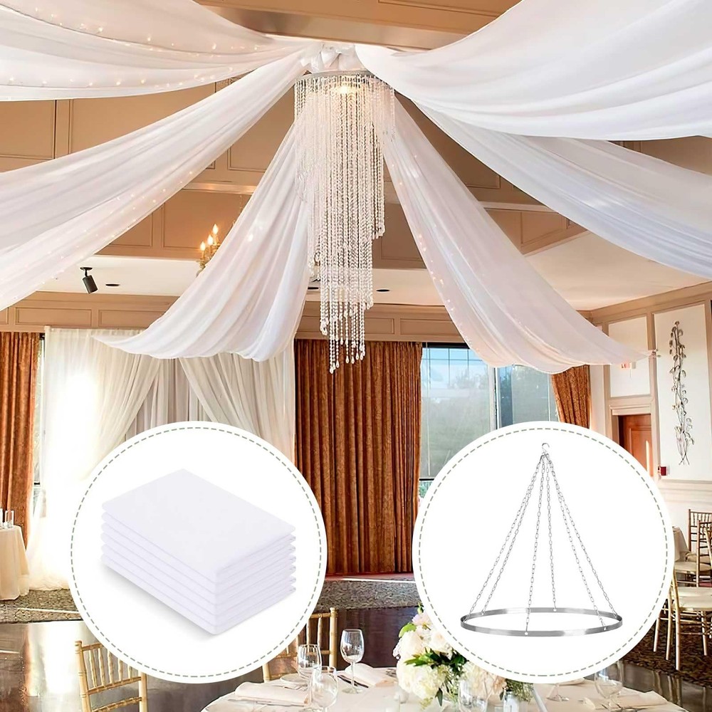 Ceiling Drapes Hanging Kit with Drapery: 6 Panels 5ftx15ft Long Curtains – Wh…