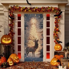 Christmas Deer Door Cover, Stretch Fabric Backdrop Door Porch 35 x 79 in