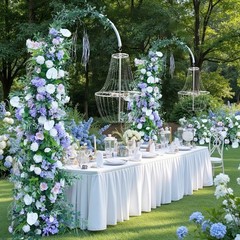 Artificial Floral Arrangement & Drapes Set, Wedding, White Purple, 225cm 85cm