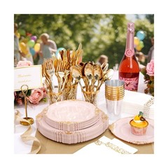 YOUBET 700PCS Pink Plastic Plates – Pink and Gold Plates – Luxury Pinks Plast…