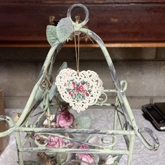 Wedding Lantern Patina Metal Cage Candle Holder w/Roses Shabby Chic Cottage