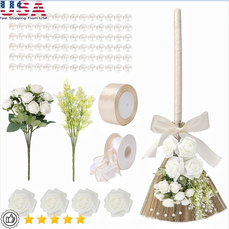 Jumping Broom Wedding Ceremony Decoration DIY Kit W/ Ribbons Roses & Stickers