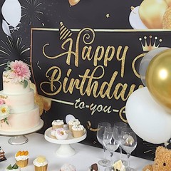 6×3 ft Black Gold Printed Polyester Photo Backdrop Happy Birthday Banner Party