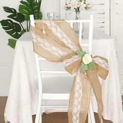 5″ x 108″ NATURAL BURLAP CHAIR SASH with WHITE Lace Wedding Party Event Supplies