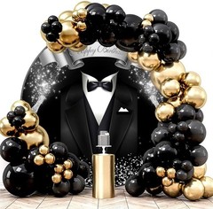 Happy Birthday Round Backdrop Cover Black Suit and Tie Backdrop Bow Tie Happy Bi