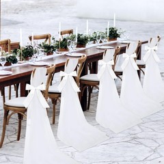 24 Sets White Chair Sashes with Ribbons & Tulle – Wedding Aisle Decor, Pew Decor