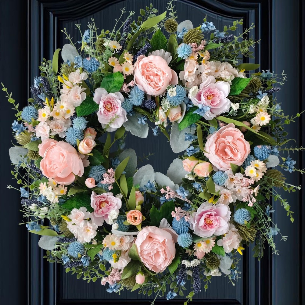Pink Peony Front Door Wreath 24-inch Spring Flower Blue Wreath Indoor Outdoor…