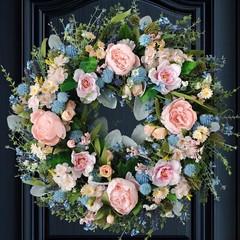 Pink Peony Front Door Wreath 24-inch Spring Flower Blue Wreath Indoor Outdoor…