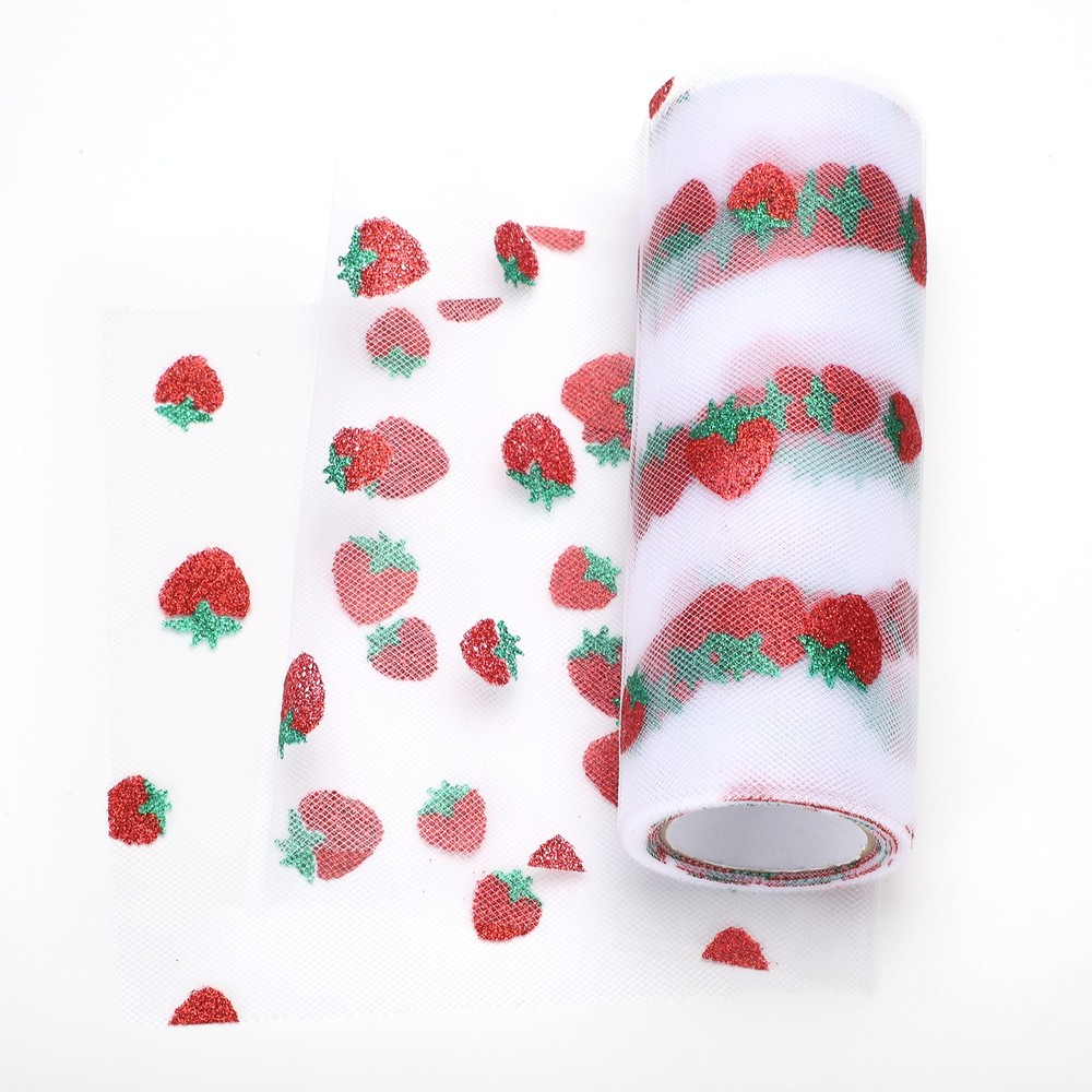 Strawberry Tulle Rolls Fabric, 6″ x 10 Yard Polyester Tulle Ribbon, White