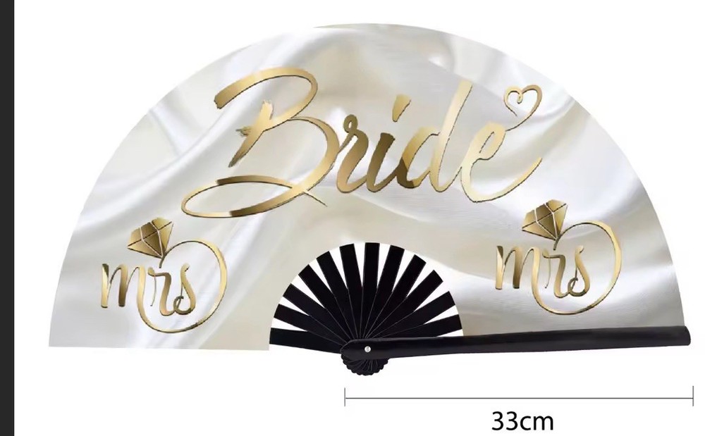 Bride Mrs Wedding Folding Hand Fan Semi-Circular Plastic White/Gold 33 cm