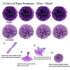 Party Decoration, 21 Pcs and Lavender Hanging Paper Fans, Pom Poms Purple