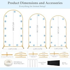 Wedding Arch Backdrop Stand Set of 3, 6FT/5FT/4FT, Gold Metal Balloon Arch Kit f