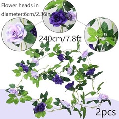 2 Pcs Artificial Rose Garland Flowers Vines Hanging Silk Rose Vine Purple