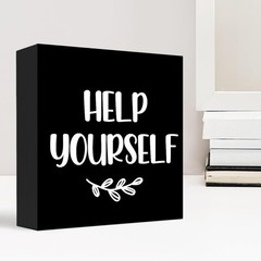 Help Yourself Black Wood Block Sign Desk Decor,Rustic Wooden Box Plaque Sign …