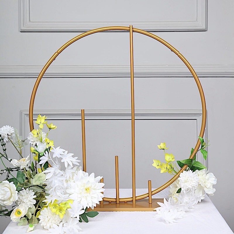 Gold 24″ Round Metal FLORAL HOOP Pillars Standing Wreath Table Centerpiece Party