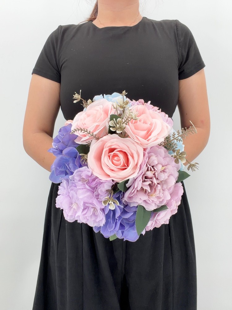 Blue & Blush Pink Wedding Bridal Bouquet, Silk Flower Bouquet, Lavender Wedding