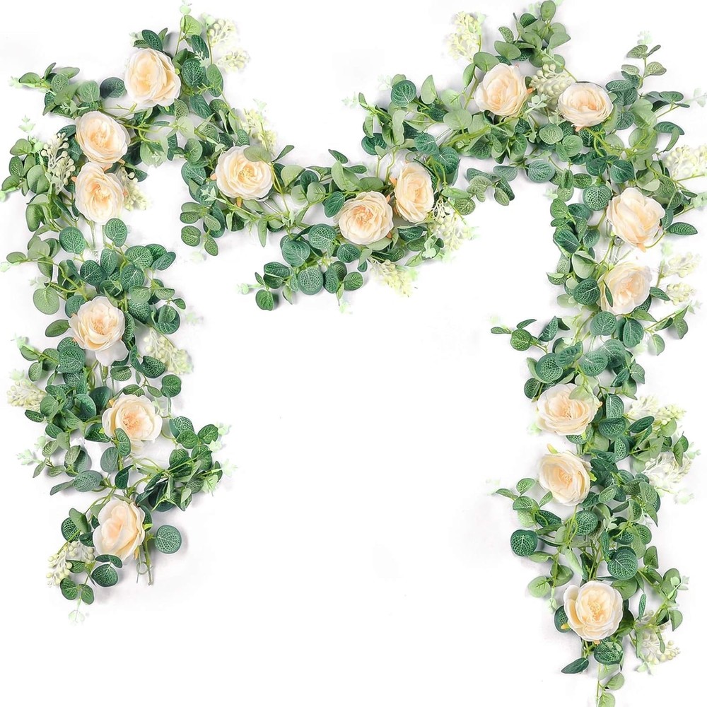 Der Rose 2Pack 13Ft Artificial Eucalyptus Flower Garland with Fake Rose Flowe…