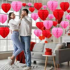 30 Pcs Heart Honeycomb Party Decorations Tissue Paper Heart Shaped Red Pink