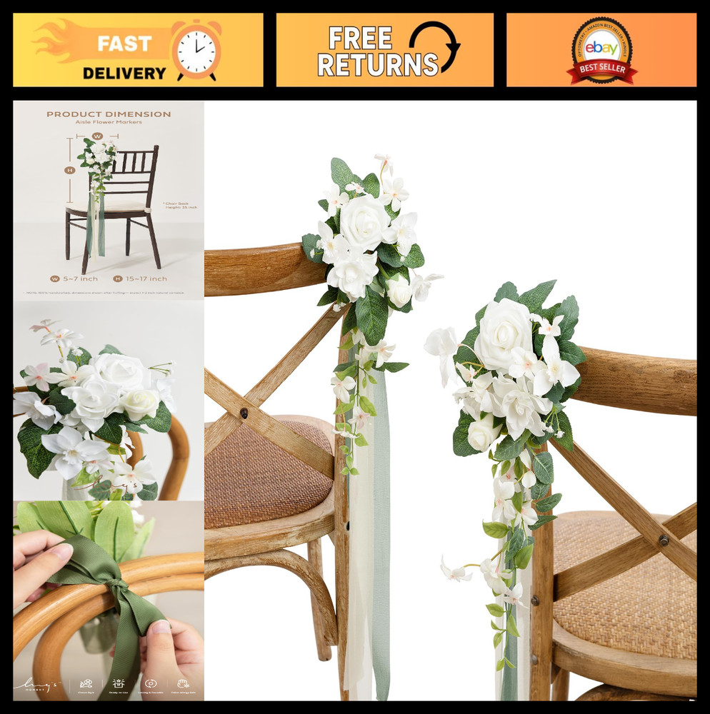 8pcs Wedding Aisle Pew Flowers Chair Decorations – White & Sage Green Arrangemen