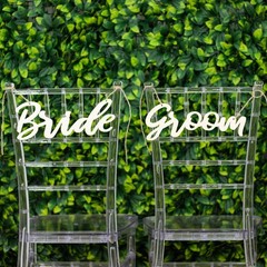 Natural 2 Wooden 12″ x 5″ Bride and Groom Chair Signs Wedding Hanging Decor