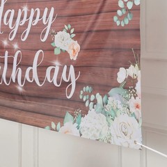 6 ft x 3 ft WHITE BROWN Wood Floral Printed Backdrop Happy Birthday BANNER Party