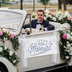 Just Married Burlap Banner White Tulle Bow Car Sign Decoration, Wedding Fabric B